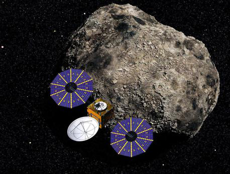 Ilustración de una nave espacial con paneles solares frente a un asteroide