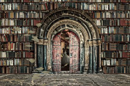 Biblioteca con arco ornamentado